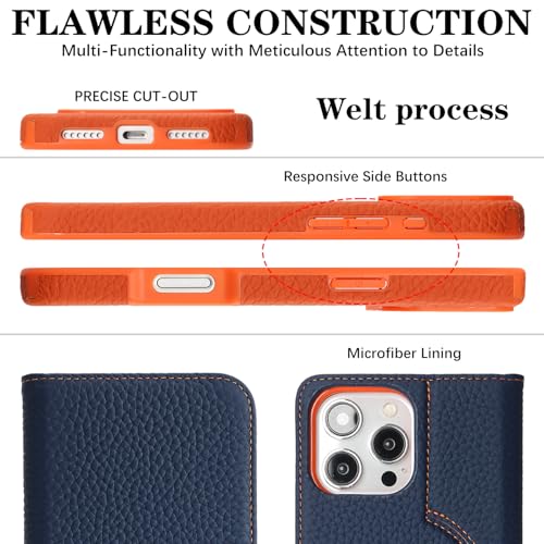 Image of Detachable Genuine Leather Case for iPhone 16 Pro Max Wallet Case Magnetic 2in1 Removable Flip Cover Book Purse Compatible with Magsafe Charging Kickstand Card Holder-Navy Blue+Orange