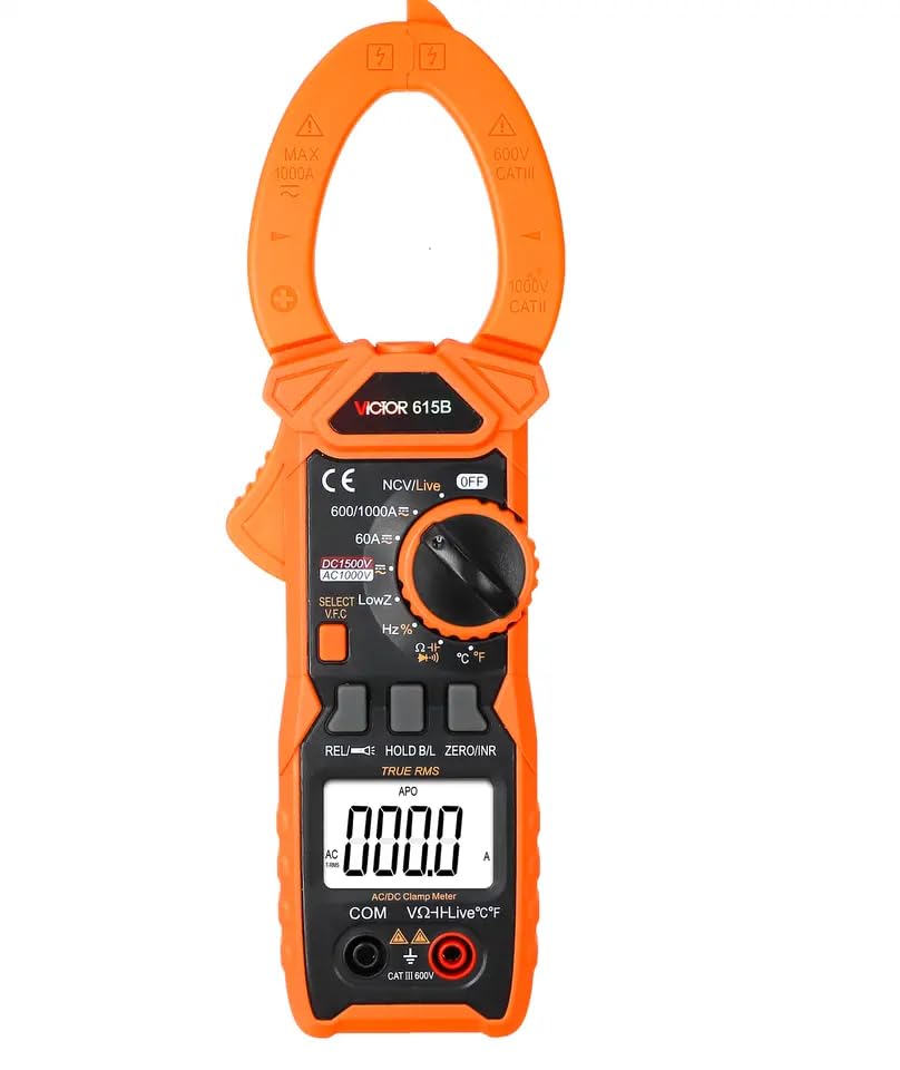 Victor 615B Digital Clamp Meter Multimeter 5999 Counts, Measures AC/DC Voltage Current Resistance Capacitance Frequency Temperature Live Wire Diode Continuity Test (Victor 615B)