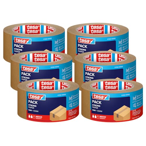 Image of tesapack STRONG PAPER - Paper Packing Tape - 92% Renewable Materials - Hand Tearable - Packaging Tape for Medium Parcels - Brown - 6 Rolls 50 m x 50mm Each