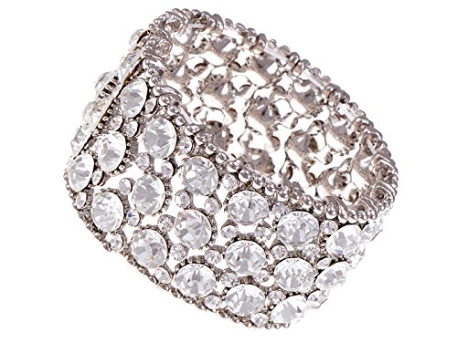Alilang Silvery Tone Shiny Clear Crystal Rhinestones Flower Stretch Bridal Cuff Bangle Bracelet
