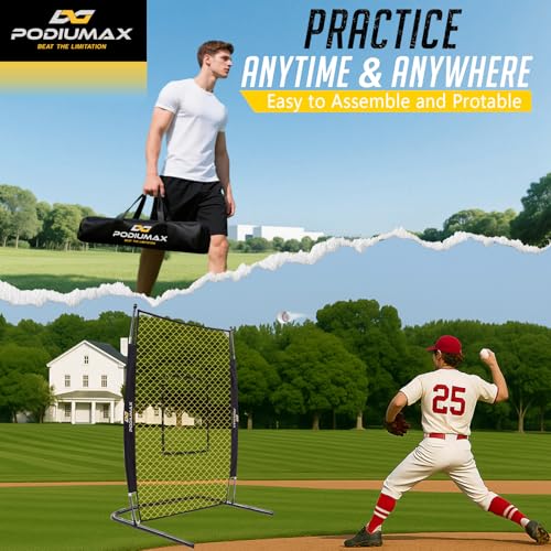 image for PodiuMax 7x4FT Baseball Pitching I Screen - Adjustable Strike Zone, Ba