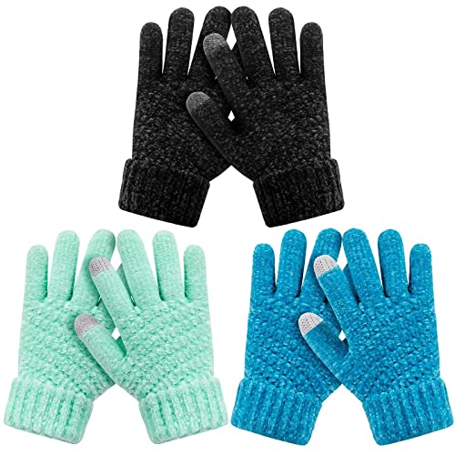 HAITHO Kids Winter Gloves 3 Pairs, Knit Gloves Cold weather, Children Warm Touchscreen Gloves, Toddler Gloves Teen Girls Boys, Mint ,Black,blue, Age 3-8