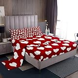 Love Heart Bed Sheets Queen Size Girls Red and White Fitted Sheet Valentine's Day Bedroom Decor Women Kawaii Heart Pattern Sheet Set Cute Love Geometric Flat Sheet Soft Microfiber Top Sheet,4 Pieces