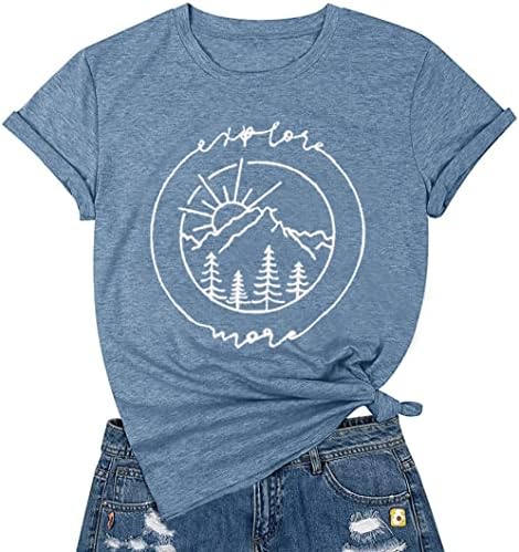 Jorlyen Women Hiking Mountain Graphic Explore More Shirt Girls Weekend Shirts Beach Shirts for Women Funny T-Shirts Muscle Tee,Ink Blue 2XL