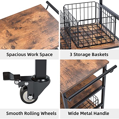 soges 3-Tiers Kitchen Island on Wheels, 45.3 inch Bar Cart with 3 Removable Baskets, Kitchen Serving Cart with Brake Casters, Rolling Utility Cart with Handle, Open Storage Shelves and Towel Rack - Thumbnail 5