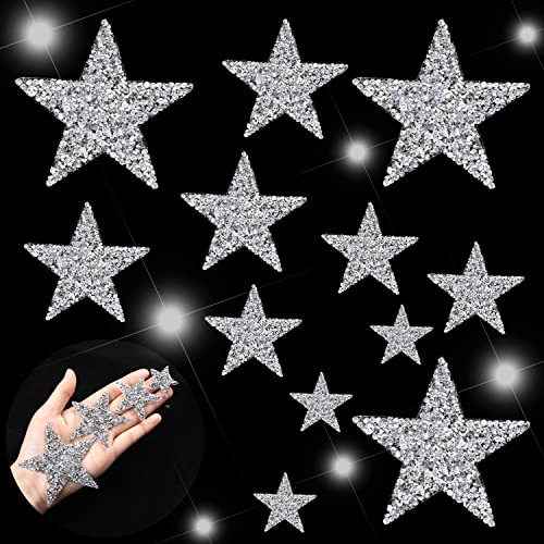 12 Pieces Star Iron On Patches Star Appliques Rhinestone Silver Adhesive Applique Hot Glue Rhinestone Stars Glitter Crystal Patches For Clothing Jeans Shoes Bags Hats Repair Decoration, 4 Sizes #TOP6
