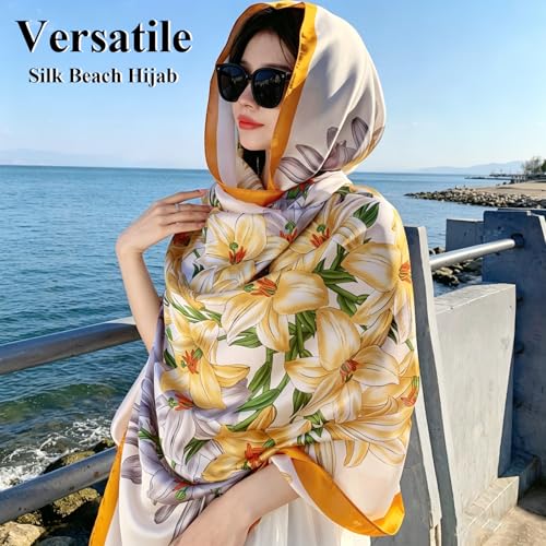 DiaryYomi Large Satin Shawl for Women–Summer Soft Lightweight Yellow Floral Printed Scarf Sun Cover Wraps and Headscarf Ideal for Anniversary Birthday Gifts（Style 18 — view 2