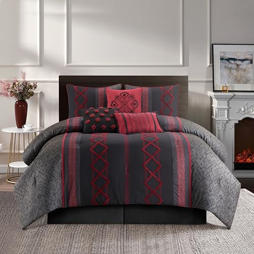 Stratford Park Luxury 7 Piece Cozy Comforter Set, King Size, Black and Red, Embroidered Bedding Sets, Premium Microfiber, All Season Home Décor