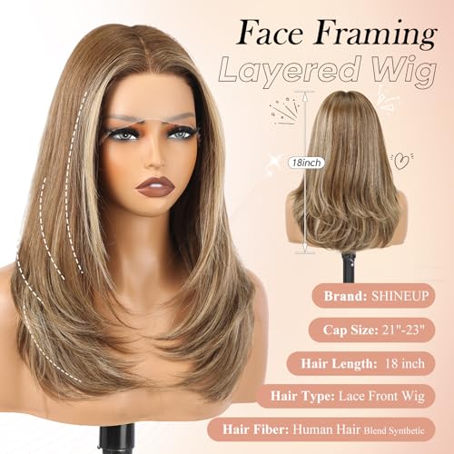 Image of EMMOR Human Hair Wig for Women 13x5x1 Inch HD Lace Front Wig 18 Inch Layered Glueless Wigs Pre-Plucked Hairline Human Hair Blend Premium Synthetic Fiber for Everyday Wear(Brown Mixed Blonde)