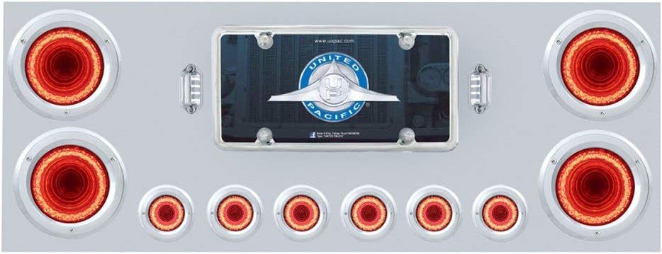United Pacific 34499 Tail Light Panel, Rear Center Panel, Stainless Steel, with Four 23 LED 4" Lights & Six 9 LED 2" Mirage Lights & Visors, Red LED/Clear Lens