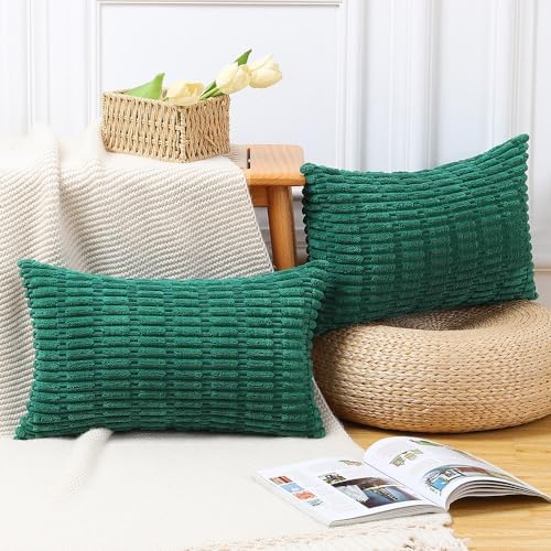 Madizz Pack of 2 Boho Striped Corduroy Throw Pillow Covers 18x18 Inch Beige Soft Decorative Cushion Cover for Sofa Bedroom Pillow Shell