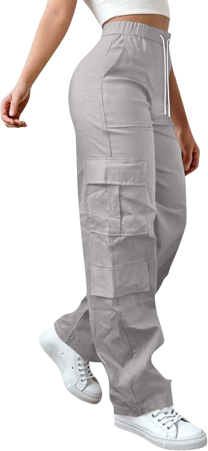 Cargo Pants for Women Wide Leg Baggy High Waisted Drawstring Pants with Pockets Casual Summer Fashion Streetwear