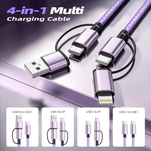 MPATIBY 4 in 1 Charging Cable 60W 5FT USB C to Light-ning Cable Nylon Braided Multi iPhone Charger Cord USB C Cable for iPhone 17 16 15 14 Pro Max/Pad/Carplay,Purple — view 2