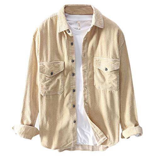 Herren Langarmshirts Mode Slim Fit Cordhemd Revers Einreiher Freizeithemd mit Tasche Einfarbig Basic T-Shirt Oberteile Vintage Arbeitshemd Cover