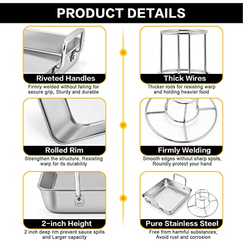 Roasting Pan With Rack, P&P Chef Beer Can Chicken Roaster 9-Inch Stainless Steel Baking Pan With Vertical Rack, For Baking Grilling Smoker, Rivet Handle & Thick Wire, Heavy Duty & Dishwasher Safe #TOP2