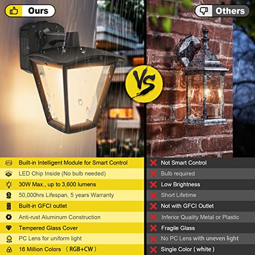 Yarbo Smart Outdoor Wall Lantern With Gfci Outlet, App Control Porch Lights, Color Changing Rgbw Outdoor Wall Sconce, Work With Alexa (Required Sml Gateway), Outdoor Wall Lights For House, Etl Listed #TOP1