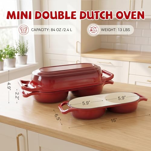 Image of Double Dutch Oven Pot with Lid, 2.2QT Enameled Cast Iron Bread Loaf Pan, Mini Dutch Oven For Sourdough Bread Baking, 500F Oven Safe Non Stick Dual Round Bread Pan, Bread Oven, 16.5cm Diameter, Red