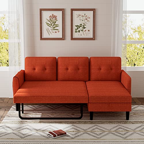 Olela Pull Out Sleeper Sofa Couch,Linen Convertible Sofa Bed L Shape Sectional Sofa With Storage Chaise And Pocket For Living Room (Orange-Tufted Back) #TOP2