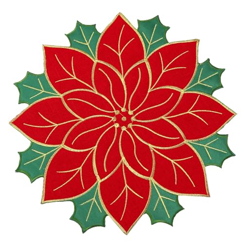 Ganeen 12 Pcs Christmas Poinsettia Placemats Set Embroidered Red Round