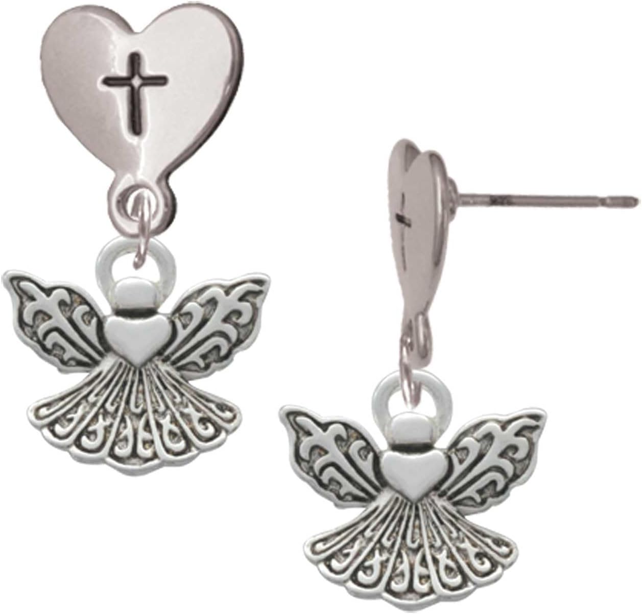 Delight Jewelry Silvertone Small Angel with Heart Cross in Heart Post Dangle Earrings