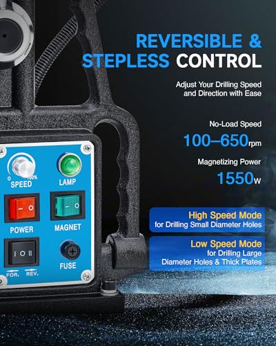 Image of ZELCAN Magnetic Drill Press with 11 Drill Bits, 1550W Mag Drill Press with 2 inch Dia. 3125 lbf /13900N Mag Force, 650 rpm Power Magnetic Drill with Stepless Speed & Reversible Direction for Metal Surface