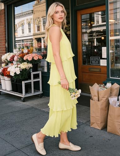 Image of ZESICA Women's 2026 Summer Sleeveless Halter Neck Ruffle Tiered Layered Chiffon Flowy Swing Long Midi Dress