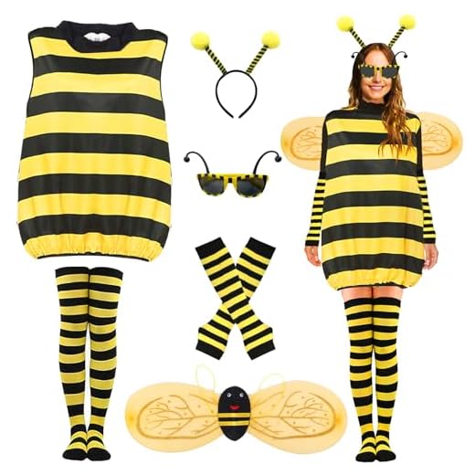 Mprocen Disfraz de abeja para adultos, disfraz de abeja, disfraz de animal, disfraz con alas, calentadores de piernas, medias, gafas de sol, disfraz de fantasía para Halloween, carnaval, fiestas