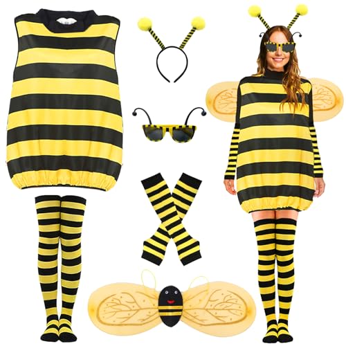 Bienen Kostüm Kit für Damen (Erwachsene) mit Stirnband, Handschuhen, Fußsocken, Brille, Flügeln, Bienen Kostüm für Damen Bienen Kostüm für Fasching, Tägliche Aufführungen, Festtagsgeschenke L