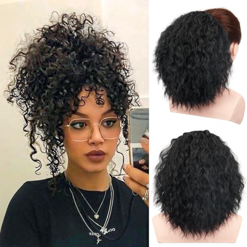 PORSMEER Short Black Curly Ponytail Extension Drawstring Ponytail,8 Inch Messy Hair Piece for Updos Natural Looking Synthetic Hair Afro Kinky Curly Pony Tails for Women