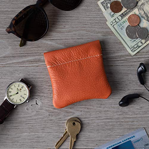 Image of Nabob Leather Genuine Leather Squeeze Coin Purse, Coin Pouch Made IN U.S.A. Change Holder For Men /Woman Size 3.5 X 3.5 (Orange)