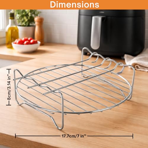 Image of Yumun Air Fryer 7 Inch Round Grill Stand with 2 Handles | 4L-6.2L Compatible | Stainless Steel BBQ Rack for Air Fryer, Microwave & Oven | 3 Skewers Included | Check Size Before Buying