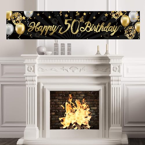 Happy 50th Birthday Banner for Men Women Sign Black Gold Glitter 50 Years Old Birthday Party Decorations Supplies Anniversary Celebration Backdrop