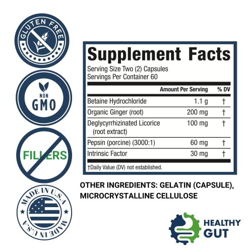 Healthy Gut Hcl Guard+ | Promotes Healthy Digestive Function | Betaine Hydrochloride, Organic Ginger Root And Dgl, & Pepsin | 60 Servings #TOP1