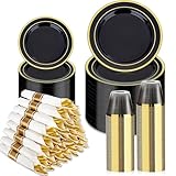 BESTVIP 350PCS Black Gold Dinnerware Set for 50 Guests, Plastic Plates for Halloween Party and Christmas, 50 Disposable Plates, 50 Dessert Plates, 50 Cups, 50 Spoons, 50 Forks and 100 Knives