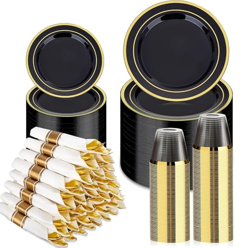 BESTVIP 350PCS Black Gold Dinnerware Set for 50 Guests, Plastic Plates for Halloween Party and Christmas, 50 Disposable Plates, 50 Dessert Plates, 50 Cups, 50 Spoons, 50 Forks and 100 Knives