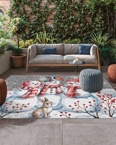 4x6ft Outdoor Rugs for Patio Christmas Snowman Berry Bird Non Shedding Outside Carpet, Winter Snowy on Gray Large Washable Area Rug Pads for Backyard Balcony Indoor Living Room