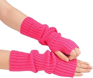 ニットスリーブニットアームスリーブサムホールグローブウィンターアームウォーマーロングハーフフィンガーミトンストレッチ無地アームカバーホットピンク