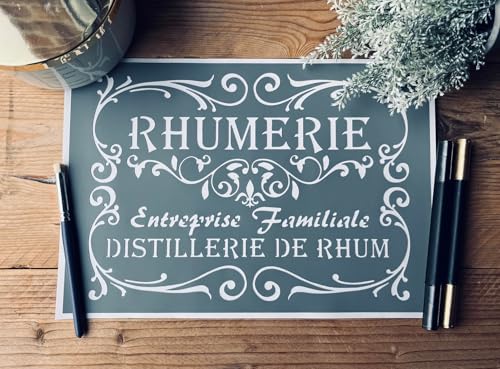 Pochoir adhésif rhumerie vintage 30x20 cm – pochoir mural réutilisable style ancien – stencil meuble bois bar cuisine mur tissu DIY décoration maison...