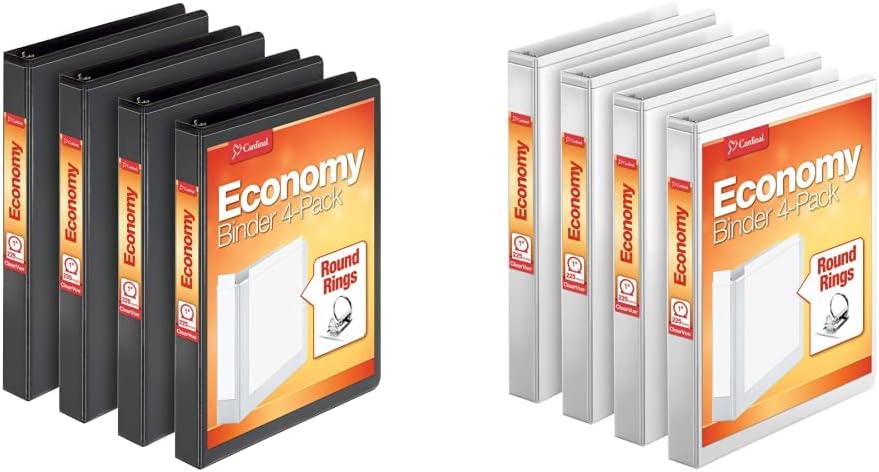 Cardinal Economy 1 Inch 3 Ring Binders with ClearVue Covers, Black and White, 4 Pack
