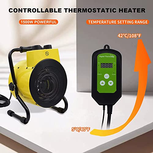 Electric Greenhouse Heater with Digital Thermostat for Green House, Grow Tent Heaters, Overheat Protection, Fast Heating for Workplace, Yellow