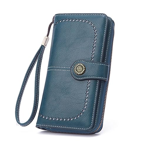 Image of Mokoze Wallet for Women, PU Leather Large Capacity Wallets with Wrist Strap and Zipper for Hold Credit Cards /Cell Phones /Keys, Girlfriends Mother's Day Gifts, Blue, 7.48 inch x 4.13 inch x 1.18 inch, Bifold