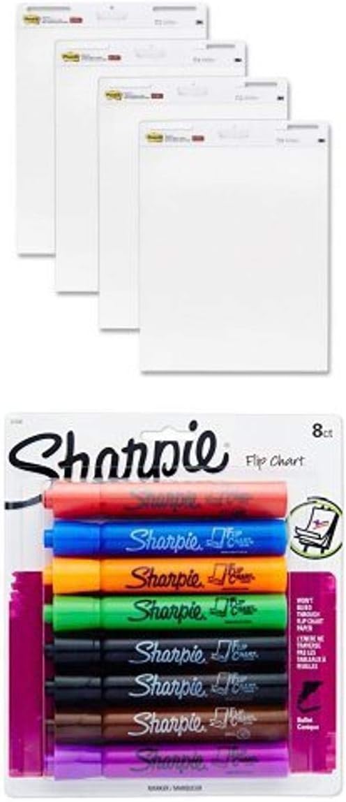 Post-it Easel Pad, 25 x 30-Inches, White, 30-Sheets/Pad, 4-Pads/Pack and Sharpie Flip Chart Markers, Bullet Tip, Assorted Colors, 8-Count Bundle : Arts, Crafts & Sewing