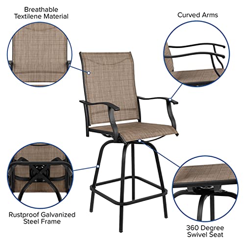 Flash Furniture Valerie Patio Bar Height Stools Set Of 2, All-Weather Textilene Swivel Patio Stools With High Back & Armrests In Brown #TOP6