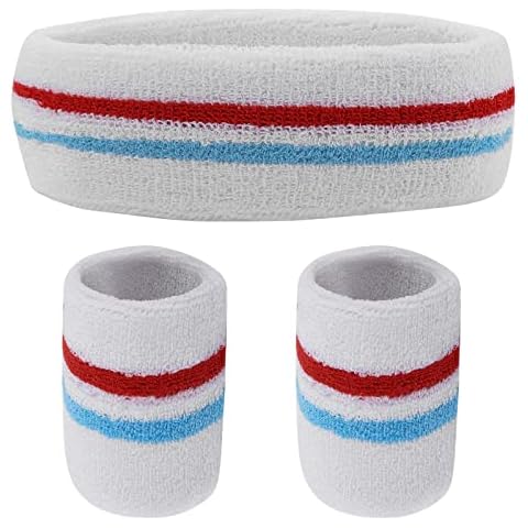 Yolev Striped Sweatband Set Sports Headband Wristband (1 Headband and 2 Wristbands) Set Sweatbands for Athletic Men and Women (Style D) Cover