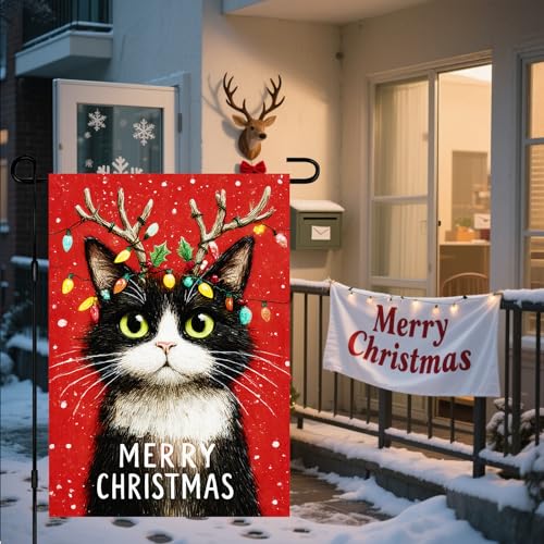 Image of BlissYard Christmas Garden Flag 12x18 Inch Welcome Cat Yard Flag Double Sided Outdoor Banner with Reindeer Antlers and Red Snow Background for Porch Lawn Patio