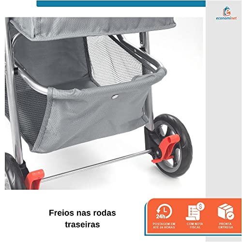 Carrinho Passeio Pet Cao e Gato Com Cesto e Porta Copos Cinza