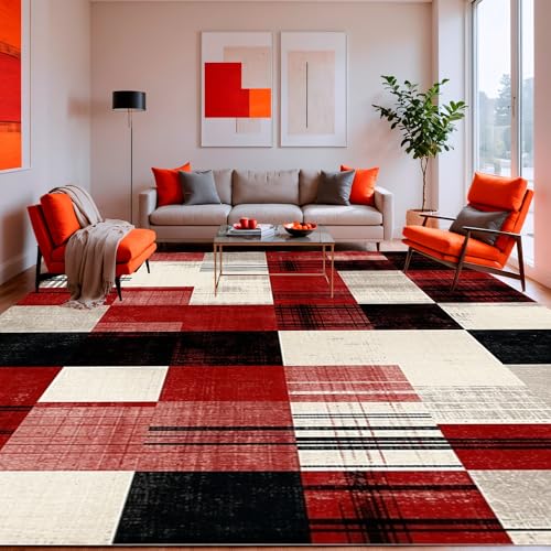 ODIKA Ultra Soft Area Rug 3x5, Retro Plaid Grunge Cherry