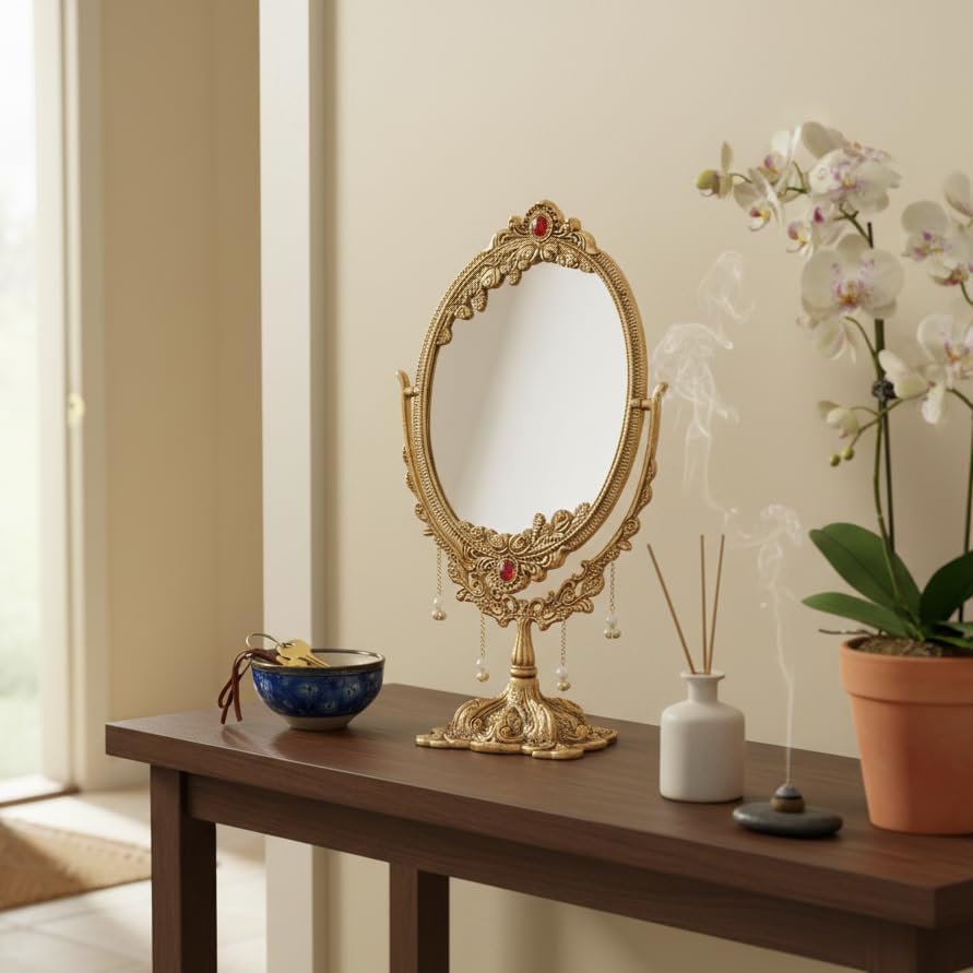KridayKraft Gold-Plated Double-Sided Oval Metal Table Mirror โ Floor-Mounted Unframed Vanity Mirror for Home Dรฉcor, Birthday, Anniversary, Wedding & Festive Gifting for Loved Ones