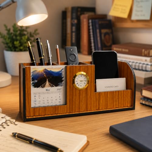 Image of Zesta Wooden Desk Organizer Pen Stand Remote Holder Card Slot | Table Accessory Office Desk Study Room | Pencil Storage Stand Stylish Workspace Decor (Nainteek, Executive)