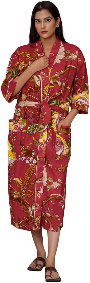 Women's Indian printed kimono cardigan v neck loose beach cover up cotton kimono night gown